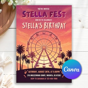 Uitnodiging voor verjaardagsfeestje muziekfestival, Boho Music Fest-verjaardag, badge VIP-feestpas voor Desert Music Festival, bewerkbare canvassjabloon