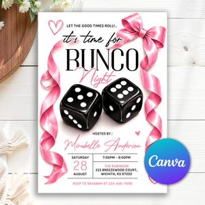 Puede incluir: Una tarjeta de invitación blanca para una noche de Bunco con dos dados negros, un gran lazo de satén rosa en la parte superior y cintas rosas que fluyen por los lados. El texto incluye Let the good times roll, Bunco Night, hosted by Mirabelle Anderson, fecha, hora, lugar y detalles de RSVP.
