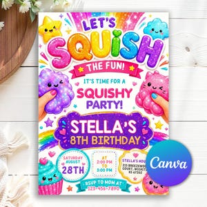 Może przedstawiać: Kolorowe zaproszenie na urodziny z tekstem LET'S SQUISH THE FUN! IT'S TIME FOR A SQUISHY PARTY! STELLA'S 8TH BIRTHDAY. Projekt zawiera postacie squishy, tęcze, gwiazdki i babeczki z brokatowymi akcentami w kolorach różowym, niebieskim i fioletowym.
