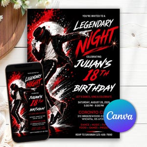 May include: A rectangular birthday invitation flyer and a smartphone displaying the same design. The graphic features a dancer in a black suit and hat against a black background with red paint splatters, white text reading LEGENDARY NIGHT, JULIAN'S 18TH BIRTHDAY, and event details.