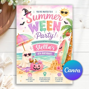 Summerween Beach Party Invitation, Halloween Summer Party Invite, Spooky Summer Birthday Invitation, Girly Summerween Party, Editable Canva