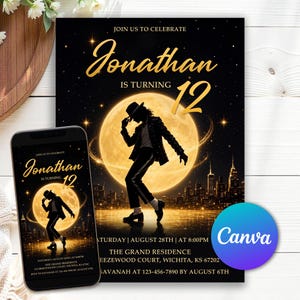 May include: A birthday invitation card and a smartphone displaying the same design, featuring a silhouette of a person dancing in front of a large yellow moon, a city skyline, and gold text reading Jonathan is turning 12, with event details.
