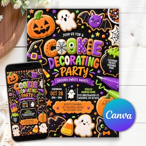 May include: A Halloween-themed cookie decorating party invitation featuring colorful icing-style text and graphics of pumpkins, ghosts, bats, and a cauldron on a black background. The flyer includes event details, date, time, and location.