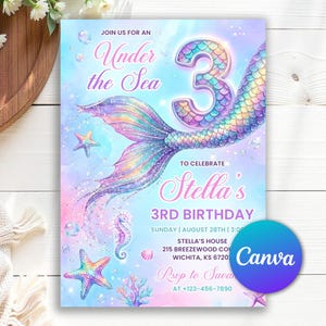 May include: A mermaid-themed birthday invitation with the text "Under the Sea" and "Stella's 3rd Birthday." The design features a mermaid tail, seahorse, starfish, and bubbles in shades of blue, purple, and pink. The Canva logo is in the bottom right corner.