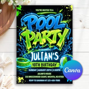 Neon Pool Party Birthday Invitation, Pool Party Birthday Invitation, Neon Glow Swim Invite for Boys, Blue Green Pool Birthday Editable Canva
