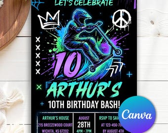 Scooter Birthday Invitation, Skate Party Invitation, Boy Birthday Invitation, Scooter Skating Birthday Invitation, Editable Canva Template