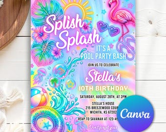 Verjaardagsuitnodiging zwembadfeest, Splish Splash Pool-feestverjaardagsuitnodiging, zomerverjaardag meisje, roze flamingo zwembadfeest, bewerkbaar canvas