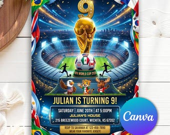 Invitación de cumpleaños número 9 con temática de la Copa Mundial de Fútbol, invitación para ver el partido, fiesta de fútbol, invitación para fiesta de la Copa Mundial de Fútbol 2026, Canva editable
