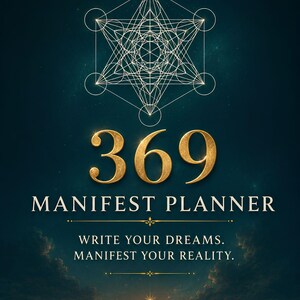 May include: A dark blue planner cover featuring a gold geometric Metatron's cube symbol above the gold text 369 MANIFEST PLANNER. Below this, the text reads WRITE YOUR DREAMS. MANIFEST YOUR REALITY. The bottom displays the name NOKYOONG CHUTIYAPHAT.