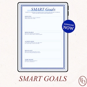 Peut inclure: Une page de planificateur numérique intitulée "Objectifs SMART" avec une bordure bleue. La page comprend des sections pour les objectifs Spécifiques, Mesurables, Atteignables, Pertinents et Temporels. Un cercle bleu avec "TÉLÉCHARGER MAINTENANT" est à droite.