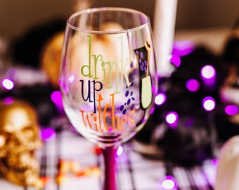 Drink Up Witches - Witch Wine Glass - Witch Glass - Witch Gift - Halloween Wine Glass - Halloween Cup - Glitter Wine Glass - Witch Hat Glass