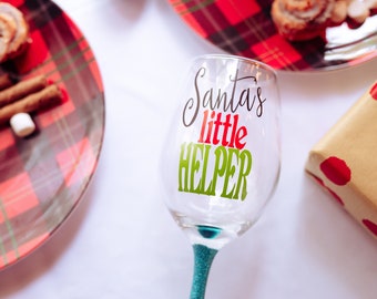 Santa Wine Glass - Santas Little Helper - Glitter Dipped - Glitter Wine Glass - Christmas Wine Glass - Holiday Wine Glass - Christmas Gift