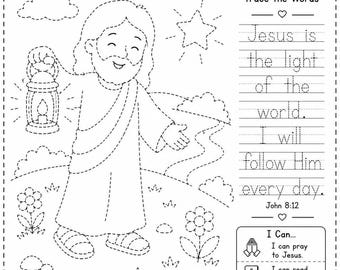 Christian Preschool Tracing Worksheets: Jesus Light Bible Verse Handwriting Practice (Digital Download)