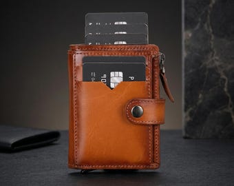 Personalized Leather Pop-Up Card Holder RFID Slim Minimalist Wallet with Zipper Pocket Unisex Gift