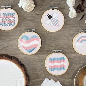 Può includere: Cinque telai da ricamo circolari in legno contenenti disegni a punto croce su tessuto bianco. I motivi includono il testo LOVE WINS, un'ape, un cuore, un arcobaleno con nuvole e una bandiera, tutti nei colori azzurro, rosa e bianco.