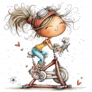 May include: Illustration of a cartoon girl riding a stationary bike. She wears a yellow tank top, blue jeans, and a red headband with goggles. The bike is red, and the background is white with small hearts and a flower.