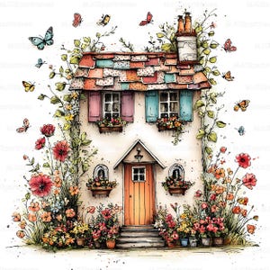 Può includere: Illustrazione ad acquerello di un'incantevole casetta con un tetto di tegole colorate, persiane rosa e blu e una porta arancione. La casa è circondata da fiori e farfalle, creando una scena stravagante.