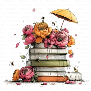 Può includere: Illustrazione ad acquerello di una pila di libri sormontata da fiori rosa e arancioni, un piccolo ombrello giallo e api. I libri sono di vari colori, con del testo visibile sui dorsi. Petali sparsi.
