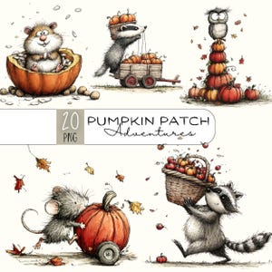 Puede incluir: Ilustración en acuarela con un hámster en una calabaza, un tejón con un carro lleno de calabazas y un búho encima de una torre de calabazas. Un ratón empuja una calabaza y un mapache lleva una cesta de calabazas. El texto dice "Pumpkin Patch Adventures".