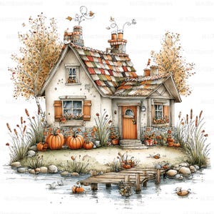Op de afbeelding: Waterverfillustratie van een charmant huisje met een kleurrijk patchworkdak, omringd door pompoenen, planten en een kleine steiger. De scène roept een gezellige herfstsfeer op met warme kleuren en gedetailleerde texturen.
