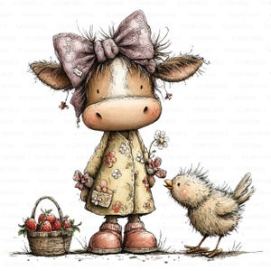 Puede incluir: Ilustración caprichosa de una vaca con un vestido floral y un gran lazo rosa. Un pollito pequeño está cerca, y una cesta de fresas está en la hierba. La vaca sostiene flores, y el pollito parece estar interactuando con ellas.
