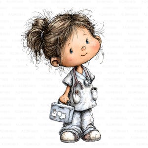 May include: A cartoon illustration of a young nurse in white scrubs, holding a medical bag and wearing a stethoscope. The nurse has brown hair in a bun and a friendly expression. The image is a digital drawing.
