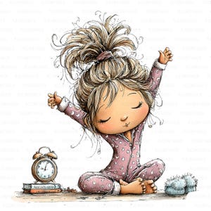 May include: Watercolor illustration of a cartoon girl in pink pajamas with white polka dots, stretching after waking up. An alarm clock and books sit nearby. A pair of blue slippers are on the floor. The girl has blonde hair and is sitting cross-legged.