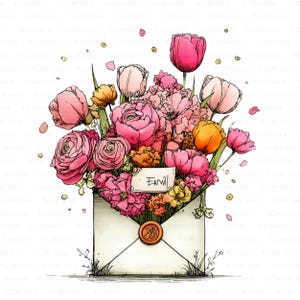 Può includere: Un'illustrazione digitale di una busta color crema che trabocca di un vivace bouquet di fiori rosa, arancioni e gialli. Un piccolo cartellino bianco con il testo scritto a mano Enwill è inserito all'interno, e la busta è chiusa con ceralacca.