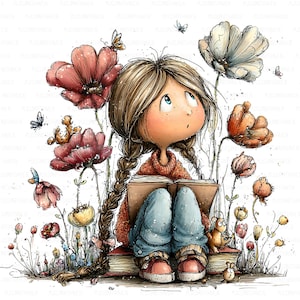 May include: A whimsical illustration of a girl with long braids, reading a book while sitting among colorful flowers and butterflies. She wears a red sweater and blue jeans. The artwork has a soft, watercolor style with a dreamy, storybook feel.