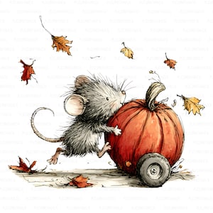 May include: A whimsical illustration of a gray mouse pushing a large orange pumpkin with a wheel. Autumn leaves are scattered around the mouse and pumpkin, creating a fall harvest theme. The artwork has a watercolor style.