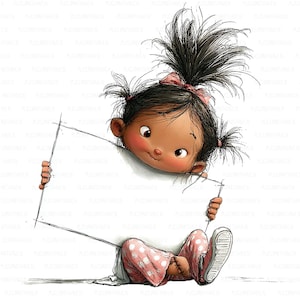 May include: A cartoon illustration of a young girl with dark hair and rosy cheeks, holding a blank white sign. She is wearing pink polka-dot pants and a white shirt, with a pink bow in her hair. Her expression is curious and playful.