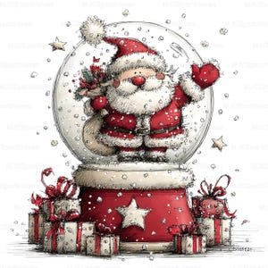 Puede incluir: Una ilustración caprichosa de Papá Noel dentro de una bola de nieve. Papá Noel, con un traje y gorro rojos, sostiene un saco y saluda. La bola de nieve se asienta sobre una base roja con una estrella blanca y está rodeada de regalos envueltos con lazos rojos. Copos de nieve y estrellas flotan.
