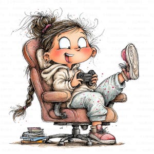 May include: Illustration of a girl with brown hair in a messy bun, wearing a white hoodie and patterned pajama bottoms, playing a video game with a controller. She is sitting in a pink office chair with her feet up, wearing pink trainers.