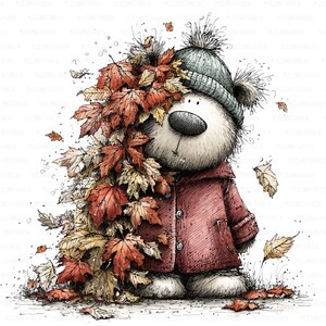 Könnte beinhalten: Eine Illustration eines Teddybären in einem roten Mantel und einer grauen Mütze, teilweise verdeckt von Herbstblättern in Rot-, Orange- und Gelbtönen. Das Bild zeigt fallende Blätter um den Bären, was ein saisonales Thema hervorruft.