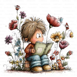 以下が含まれることがあります： カラフルな花と奇妙な生き物に囲まれた、本に夢中になっている子供の気まぐれなイラスト。茶色のセーターと青いジーンズを着た子供は、木の樽に座っています。花は赤、紫、黄色、青です。