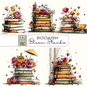Whimsical Book Stack Floral Clipart, Vintage Reading PNG, Bookish Flowers Sublimation Scrapbook Crafts