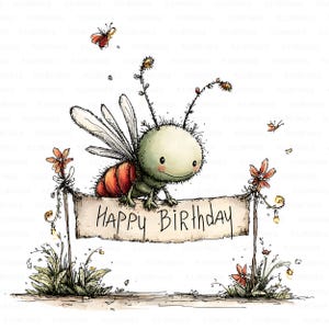 Puede incluir: Ilustración caprichosa de un bicho de dibujos animados con cabeza verde y cuerpo rojo, sosteniendo una pancarta que dice "HAPPY BIRTHDAY". La imagen presenta mariposas y flores, con un estilo dibujado a mano.