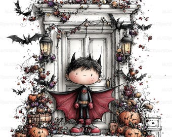 20 PNG Bus eller godis-barnclipart, Halloween-barnkostymer, söta läskiga höstgrafik, sublimeringsdesigner