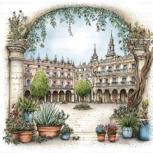 May include: Watercolor illustration of a European town square, framed by an archway with trailing vines. Buildings with arched colonnades and ornate facades surround a central plaza. Potted plants with flowers and greenery are in the foreground.