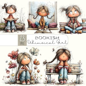 Puede incluir: Una impresión de arte digital que presenta ilustraciones caprichosas de una niña leyendo libros en varios entornos. Las ilustraciones tienen una paleta de colores suaves e incluyen el texto "Bookish Whimsical Girl".