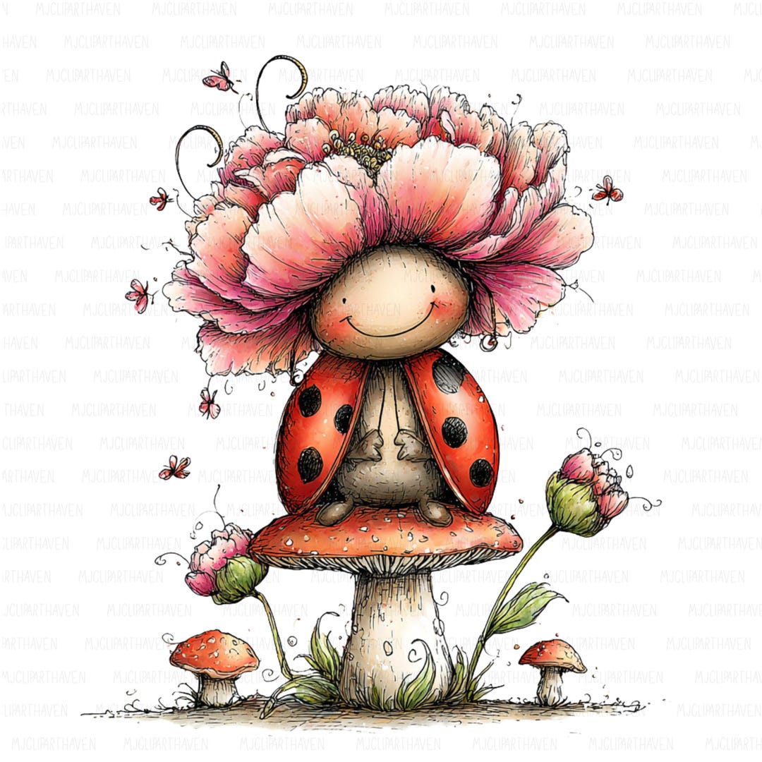 Whimsical Ladybug Clipart Bundle, Quirky Spring Floral PNG, Garden Bug ...