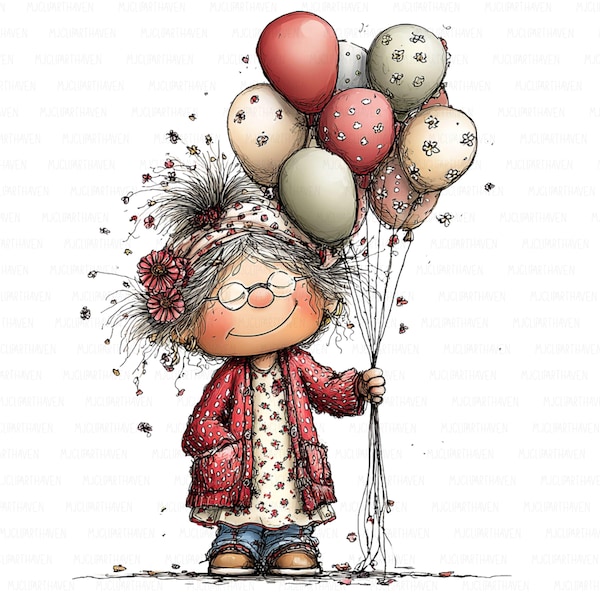 21 PNG Quirky Grandma Birthday Clipart, Cute Cartoon Senior Lady PNG for Sublimation Crafts Gifts