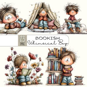 Op de afbeelding: Een digitale illustratie van een grillige jongen die boeken leest in verschillende scènes. De afbeelding bevat de tekst "Bookish Whimsical Boy" en "23 PNG". De jongen heeft bruin haar, draagt een rode trui en een blauwe spijkerbroek.