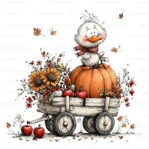 May include: A whimsical illustration of a duck perched atop a pumpkin, wearing a scarf. The duck sits in a wooden wagon filled with sunflowers, apples, and fall foliage. The image has a warm, inviting color palette, perfect for autumn-themed decor.