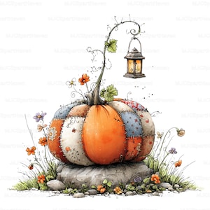 May include: A watercolor illustration of a patchwork pumpkin with an orange center and colorful fabric panels. A vine with a lantern hangs above the pumpkin, which sits on a stone with grass and flowers.