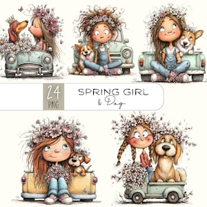 Puede incluir: Ilustraciones digitales de chicas con coronas de flores y perros en coches antiguos. Las imágenes tienen un estilo caprichoso con colores suaves y el texto "SPRING GIRL & Dog" y "24 PNG".