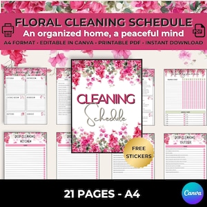 Peut inclure: Un planificateur de nettoyage numérique au format A4 orné de fleurs de bougainvilliers roses. Les pages incluent des listes de contrôle pour cuisines, salles de bain et tâches mensuelles. La couverture affiche le texte Cleaning Schedule.