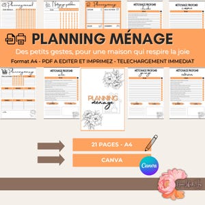 Peut inclure: Ensemble de pages de planification imprimables, avec un design orange et blanc. Les pages incluent des sections pour les tâches ménagères, le nettoyage et la planification annuelle. Le texte comprend "PLANNING MÉNAGE" et "21 PAGES - A4".