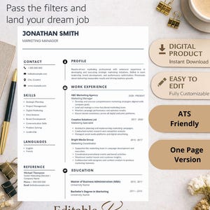 Puede incluir: Una plantilla de currículum digital con el texto "ATS-Friendly Resume Template" y "Editable Resume". El currículum incluye secciones para información de contacto, habilidades, experiencia laboral y educación. El diseño es moderno, con una paleta de colores neutros.