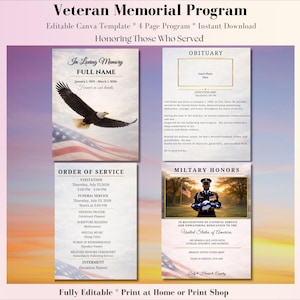 May include: A four-page Veteran Memorial Program template. The design includes an eagle over an American flag, an obituary section, an order of service, and a military honors section. The text includes "In Loving Memory" and "Honoring Those Who Served."